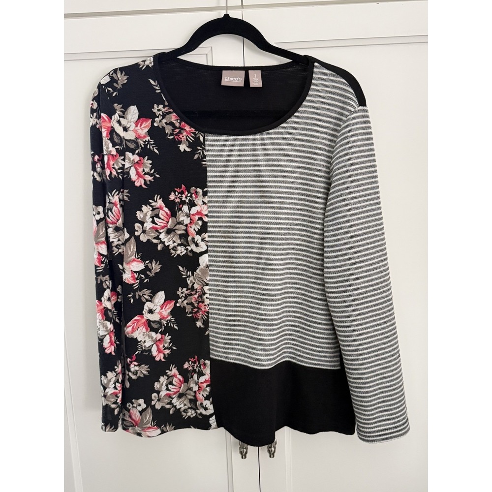 Chico's Floral Striped Block Stretch Knit Long Sleeve Rounded Neckline Med 8-10